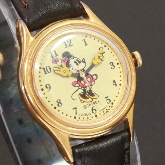 Lorus Ladies Mini Mouse Watch Gold Tone Case New Brown Leather Strap And Battery main image 11